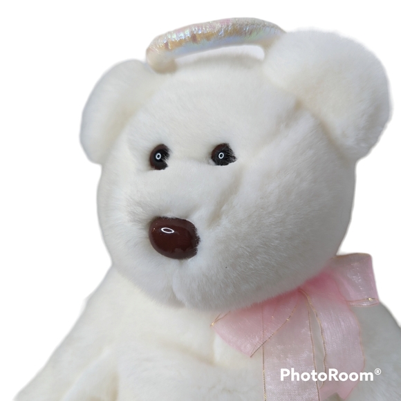 Halo Angel Bear Ty Beanie Buddies White Plush Brown Nose Iridesent Wings Clean - Picture 5 of 12